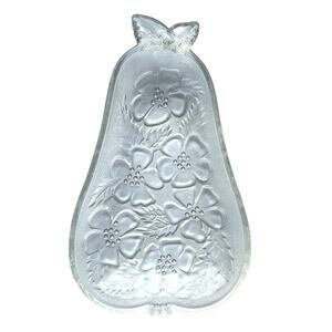 Vintage Hazel Atlas Pear Shaped Tray Embossed Pear Floral Pattern Clear Glass
